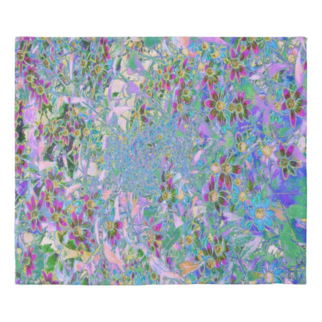 Retro Purple, Green and Blue Wildflowers on Pink Duvet Cover (Front)
