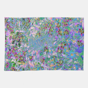 Retro Purple, Green and Blue Wildflowers on Pink Kitchen Towel