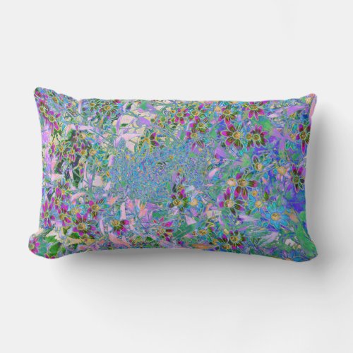 Retro Purple Green and Blue Wildflowers on Pink Lumbar Pillow