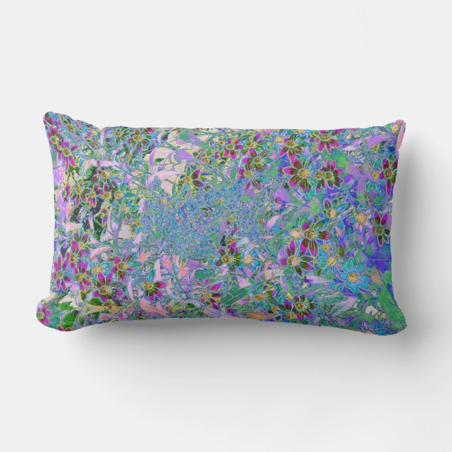 Retro Purple, Green and Blue Wildflowers on Pink Lumbar Pillow (Front)
