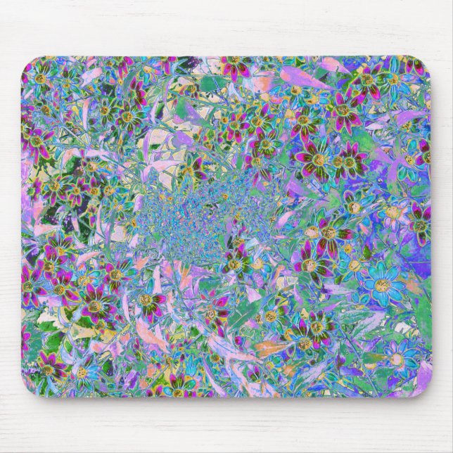 Retro Purple, Green and Blue Wildflowers on Pink Mouse Pad (Front)