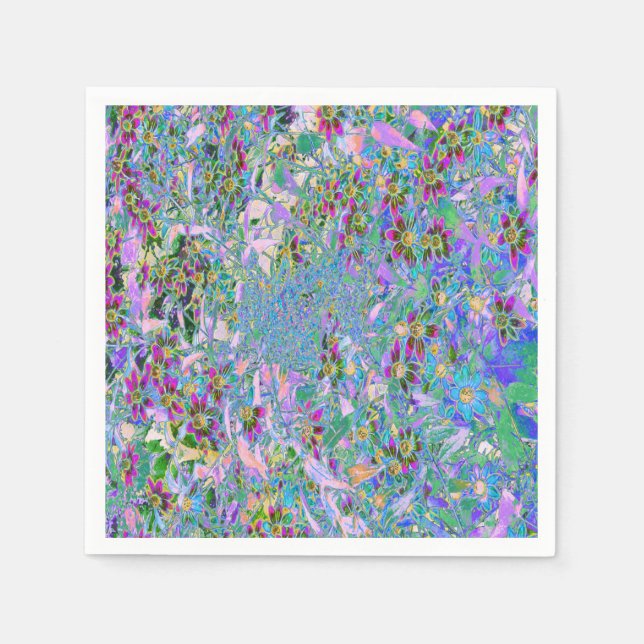 Retro Purple, Green and Blue Wildflowers on Pink Napkins (Front)