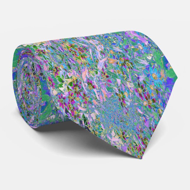 Retro Purple, Green and Blue Wildflowers on Pink Neck Tie (Rolled)