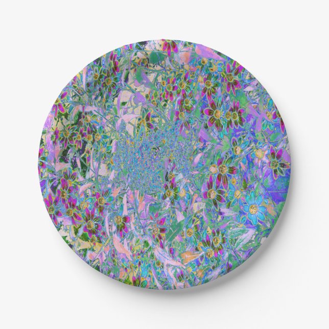 Retro Purple, Green and Blue Wildflowers on Pink Paper Plates (Front)