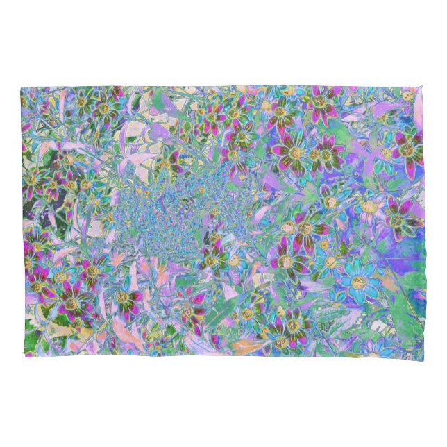 Retro Purple, Green and Blue Wildflowers on Pink Pillow Case (Front)