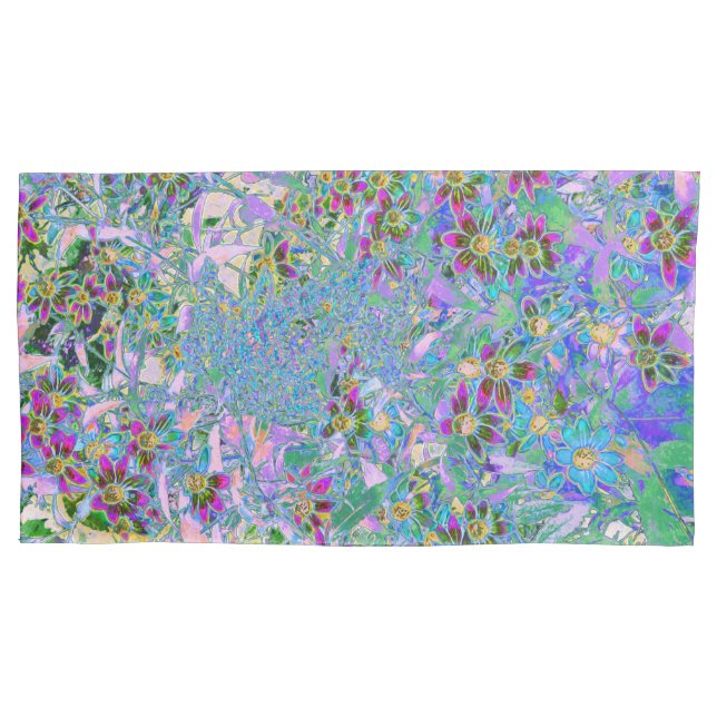 Retro Purple, Green and Blue Wildflowers on Pink Pillow Case (Front-Left)