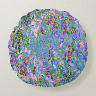 Retro Purple, Green and Blue Wildflowers on Pink Round Pillow