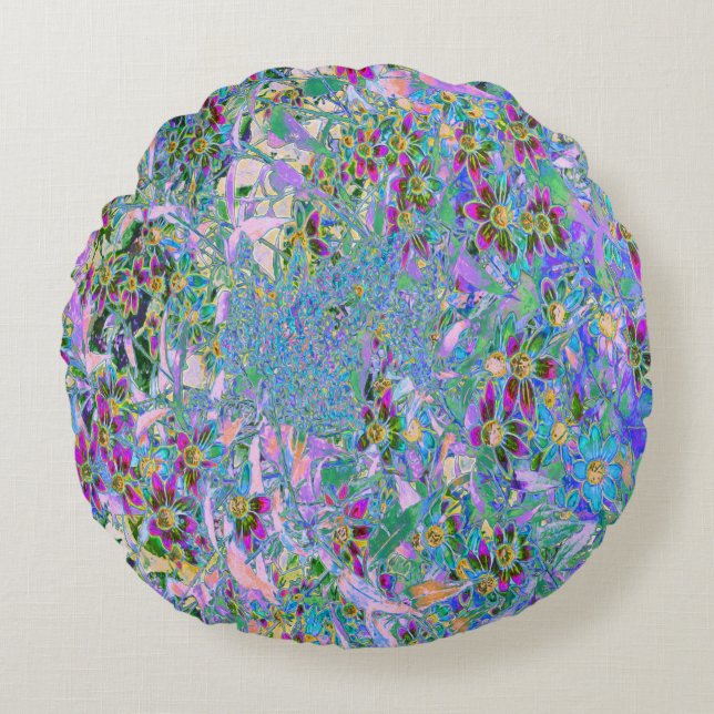 Retro Purple, Green and Blue Wildflowers on Pink Round Pillow (Front)