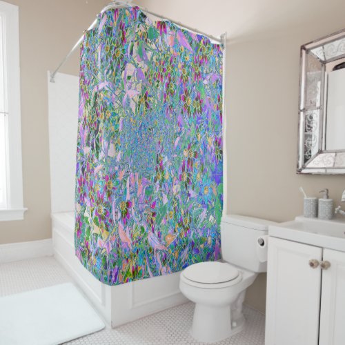 Retro Purple Green and Blue Wildflowers on Pink Shower Curtain