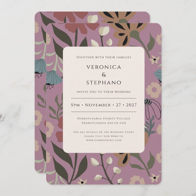 Retro purple, green, brown floral, wedding  invitation (Front/Back)