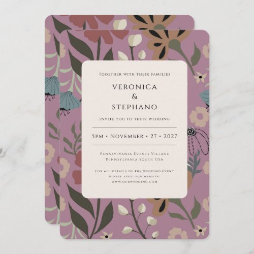 Retro purple green brown floral wedding  invitation