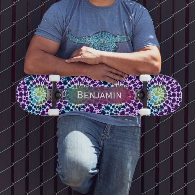 Retro Purple Green Turquoise Tie-Dye Skateboard (Outdoor 3)