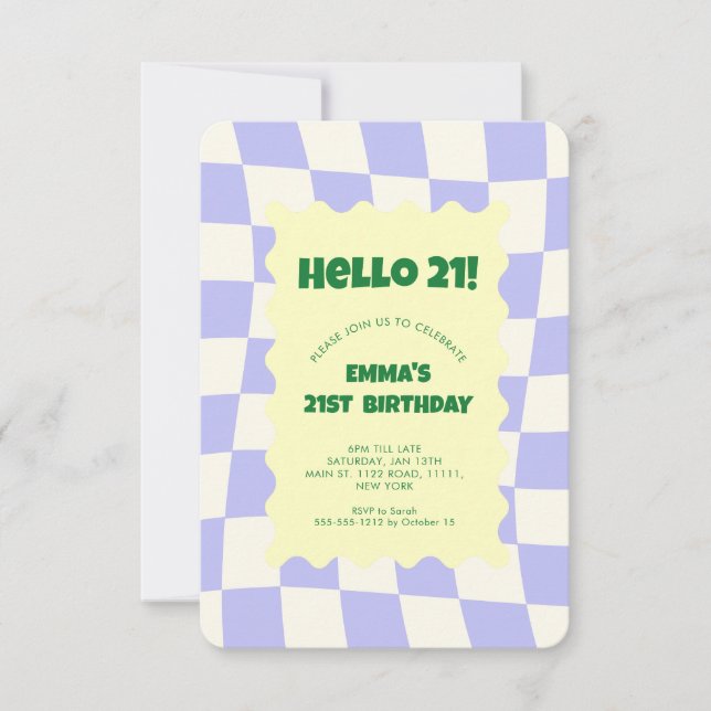Retro Purple Groovy Checker Pattern Birthday Party Invitation (Front)