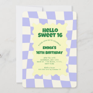 Retro Purple Groovy Checker Sweet 16Birthday Party Invitation