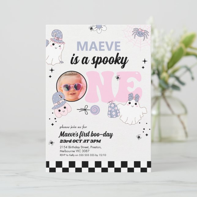 Retro Purple Halloween Spooky One 1st Birthday  Invitation (Standing Front)