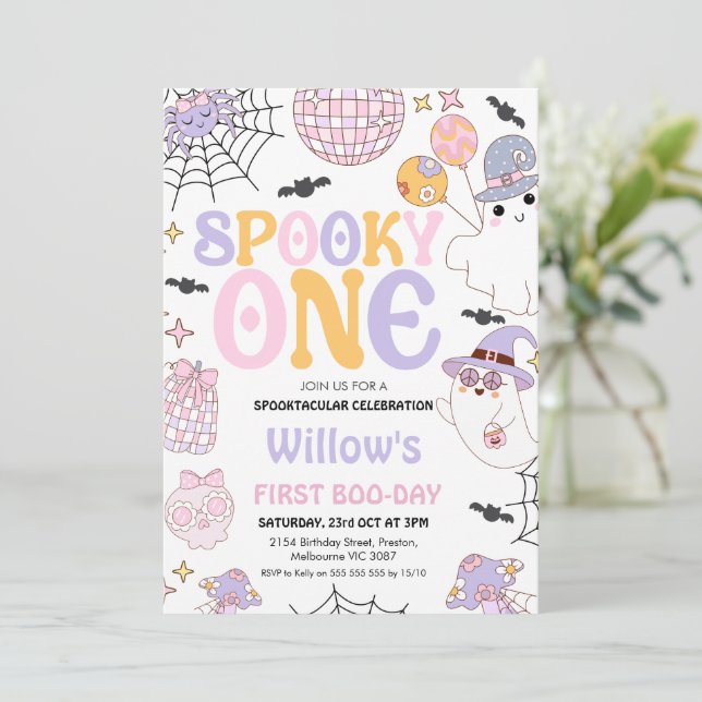 Retro Purple Halloween Spooky One 1st Birthday Invitation (Standing Front)