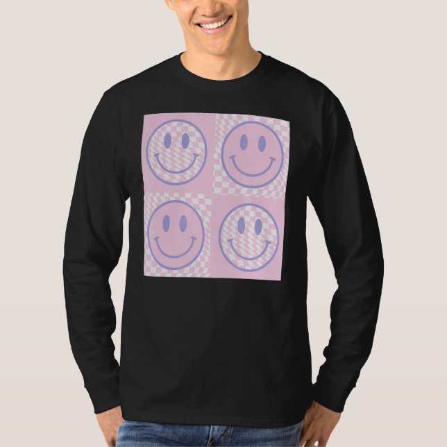 Retro Purple Happy Face  Checkered Pattern Trendy T-Shirt (Front)