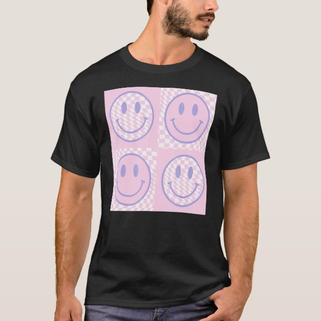 Retro Purple Happy Face  Checkered Pattern Trendy T-Shirt (Front)