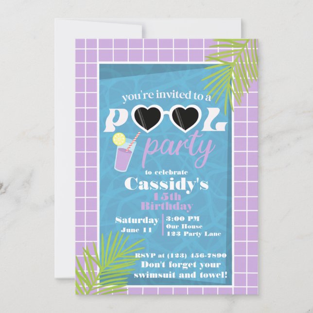 Retro purple lavender Summer Pool Birthday Party Invitation (Front)