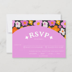 Retro Purple Orange Floral 70's Groovy Wedding RSVP Card