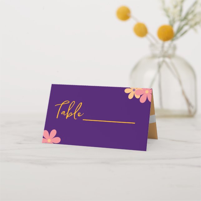 Retro Purple Orange Floral Wedding Party Place Card (Front)