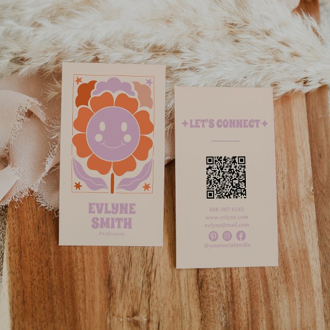 Retro Purple Orange QR Code Groovy Smiling Flower Business Card (Creator Uploaded)