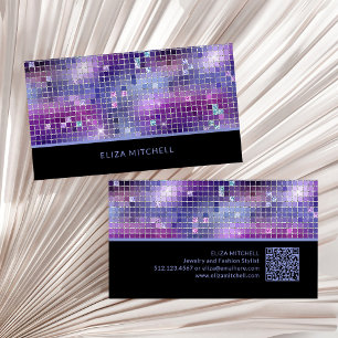Retro Purple Pink Blue Disco Ball Mirror QR Code Business Card