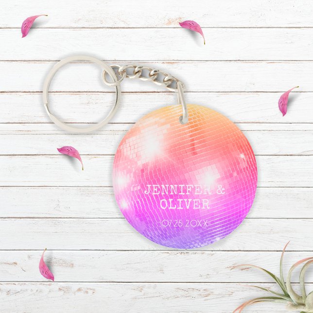 Retro Purple Pink Disco Ball Photo Wedding Favor Keychain (Creator Uploaded)