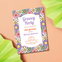 Retro Purple Pink Floral Groovy 40th Birthday