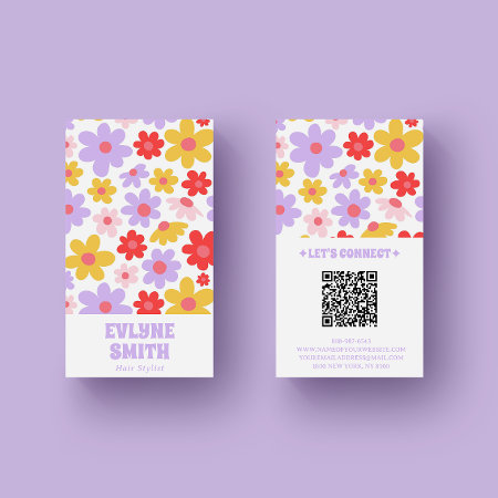 Retro Purple Qr Code Groovy Floral Girly Boho   Business Card