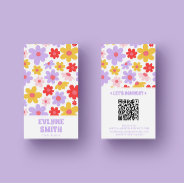 Retro Purple Qr Code Groovy Floral Girly Boho   Business Card at Zazzle