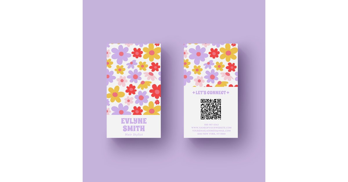 Retro Purple QR Code Groovy Floral Girly Boho Business Card | Zazzle