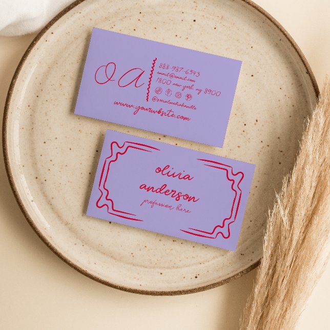 Retro Purple Red Handwritten Drawn Unique Girly Business Card (Creator Uploaded)