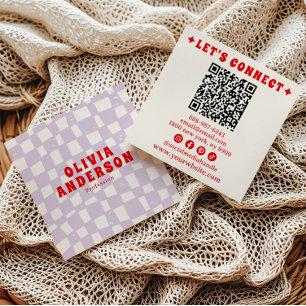 Retro Purple Red QR Code Groovy Checkered Boho Fun Square Business Card