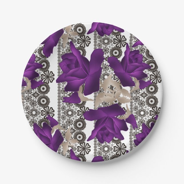 Retro, purple roses paper plates (Front)