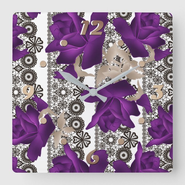 Retro, purple roses square wall clock (Front)