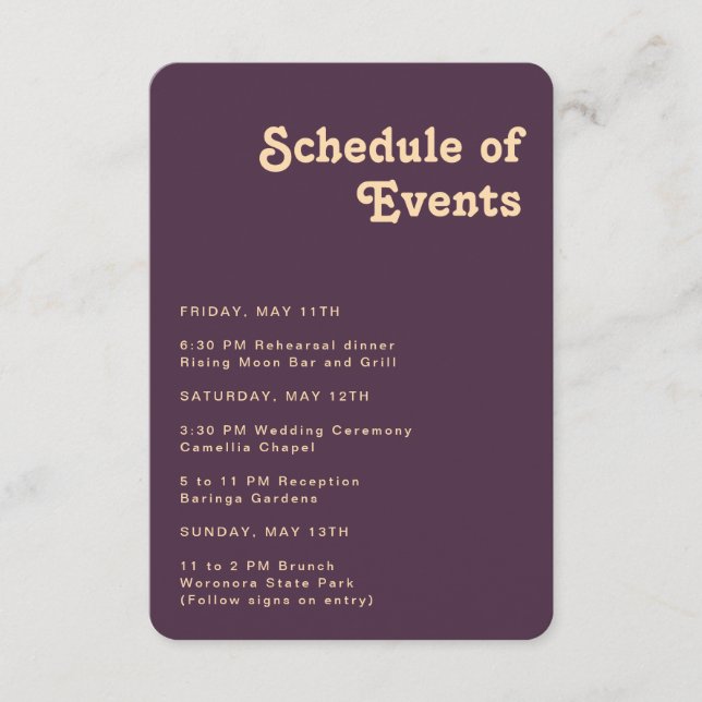 Retro Purple Schedule of Events Rounded Edge Enclosure Card (Front)