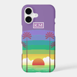 Retro Purple Sunset Palm Trees Art Monogram iPhone 17 Case