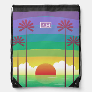 Retro Purple Sunset Palm Trees Art Monogram Drawstring Bag