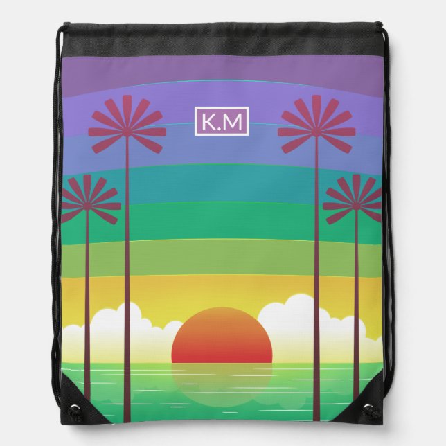 Retro Purple Sunset Palm Trees Art Monogram Drawstring Bag (Front)