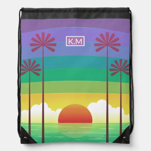 Retro Purple Sunset Palm Trees Art Monogram Drawstring Bag