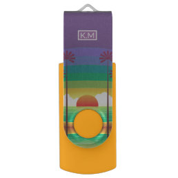 Retro Purple Sunset Palm Trees Art Monogram Flash Drive