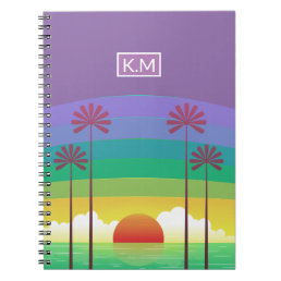 Retro Purple Sunset Palm Trees Art Monogram Notebook