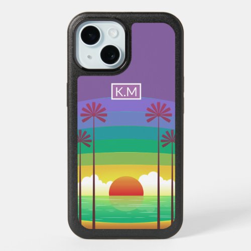 Retro Purple Sunset Palm Trees Art Monogram  iPhone 15 Case