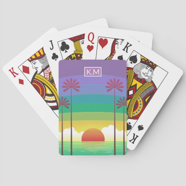 Retro Purple Sunset Palm Trees Art Monogram Poker Cards (Back)