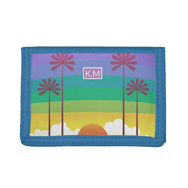 Retro Purple Sunset Palm Trees Art Monogram Trifold Wallet (Front)