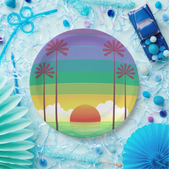 Retro Purple Sunset Palm Trees Art Paper Plates (Party)