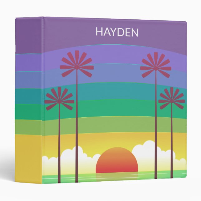 Retro Purple Sunset Palm Trees Art Personalised 3 Ring Binder (Front/Spine)
