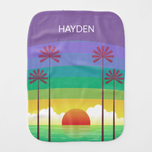 Retro Purple Sunset Palm Trees Art Personalised Baby Burp Cloth