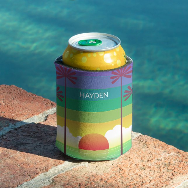Retro Purple Sunset Palm Trees Art Personalised Can Cooler (In Situ Pool)